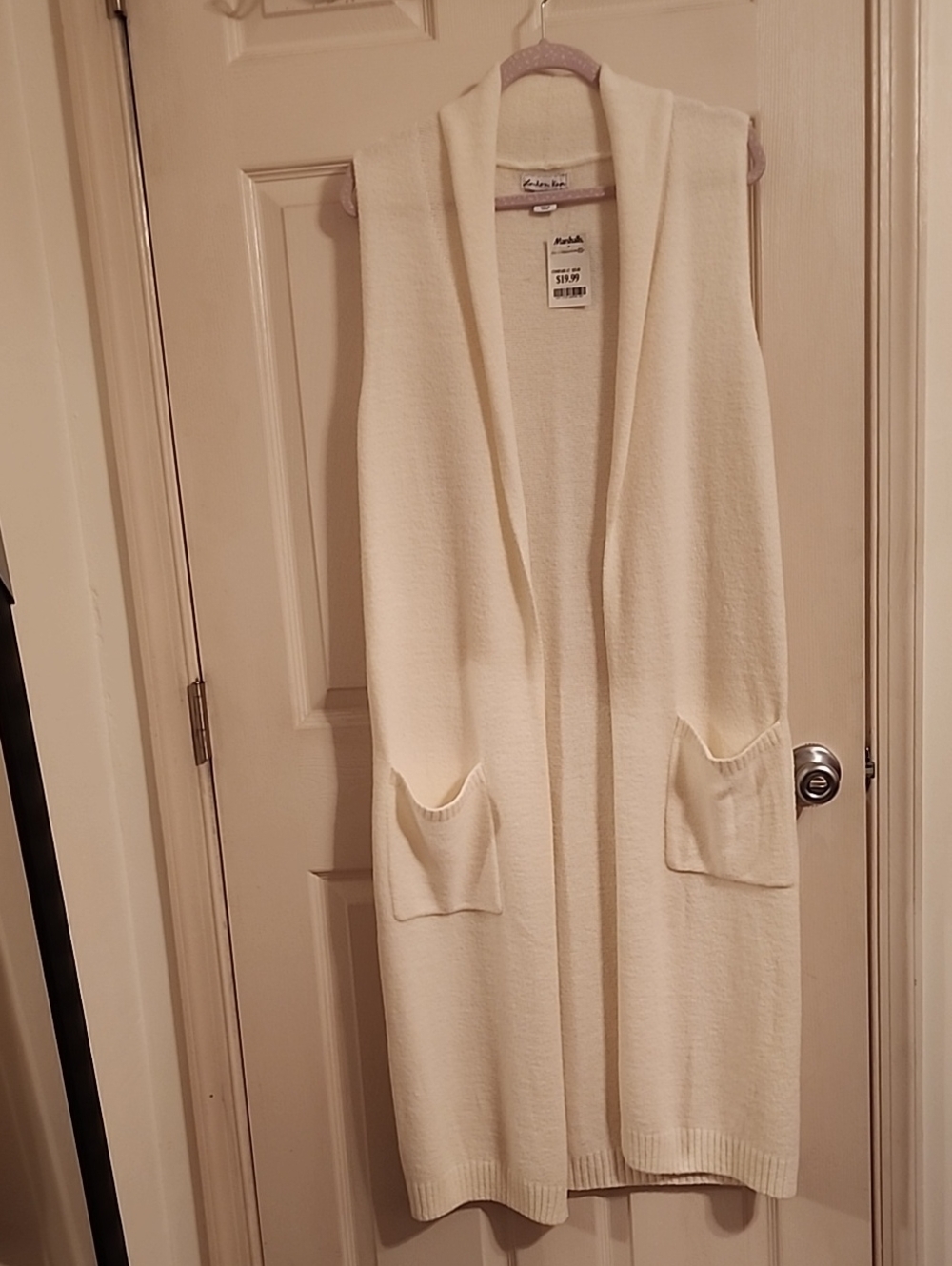 Sleeveless Open-Front Knit Vest with Pockets - Cream
